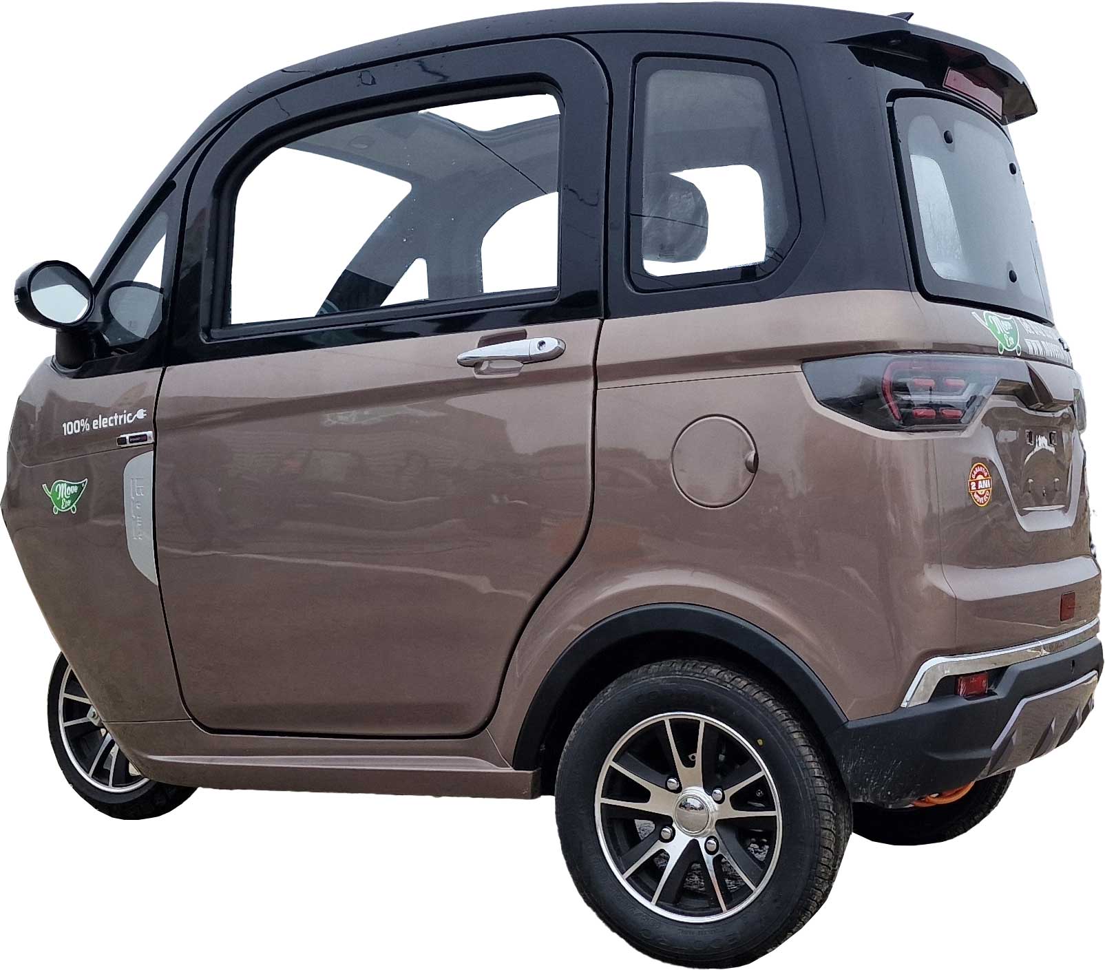 MoveEco MicroCar 45km/h XR2E Mokick Version 2 Jahre Garantie mit Erweiterungsmöglichkeit auf 3 Jahre komplett zusammengebaut und fahrbereit Braun-Schwarz Hinten Links