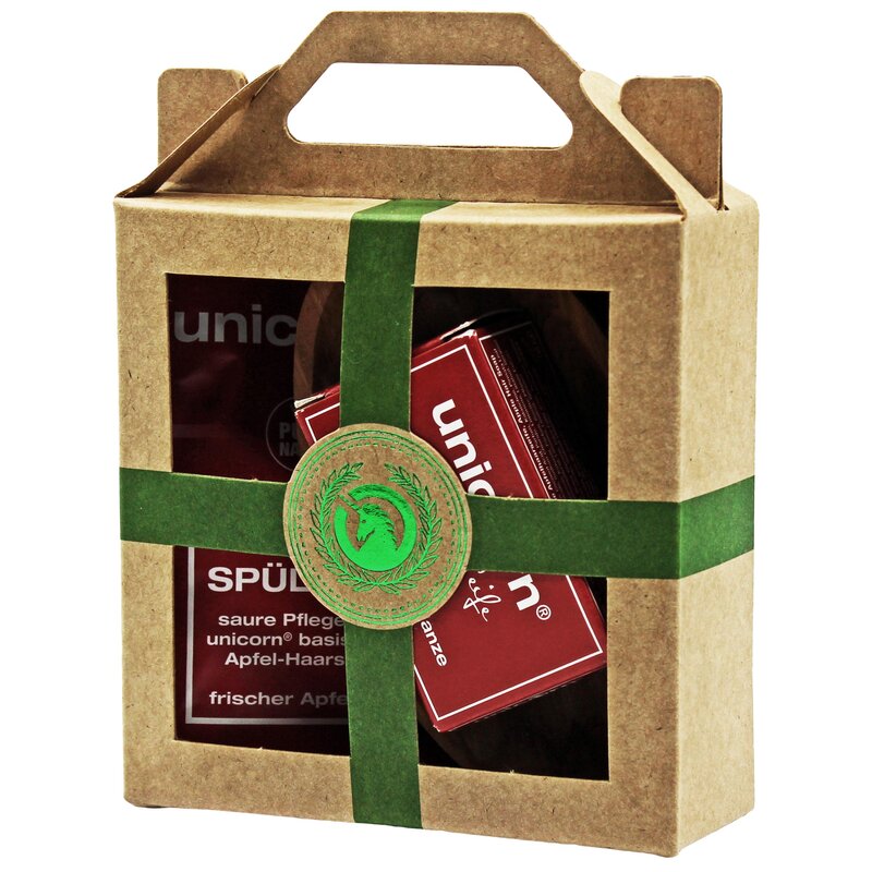 Geschenk-Set mini-Apfel Haarseife 16g, sauer Spülung 10ml, Olivenholzschale klein