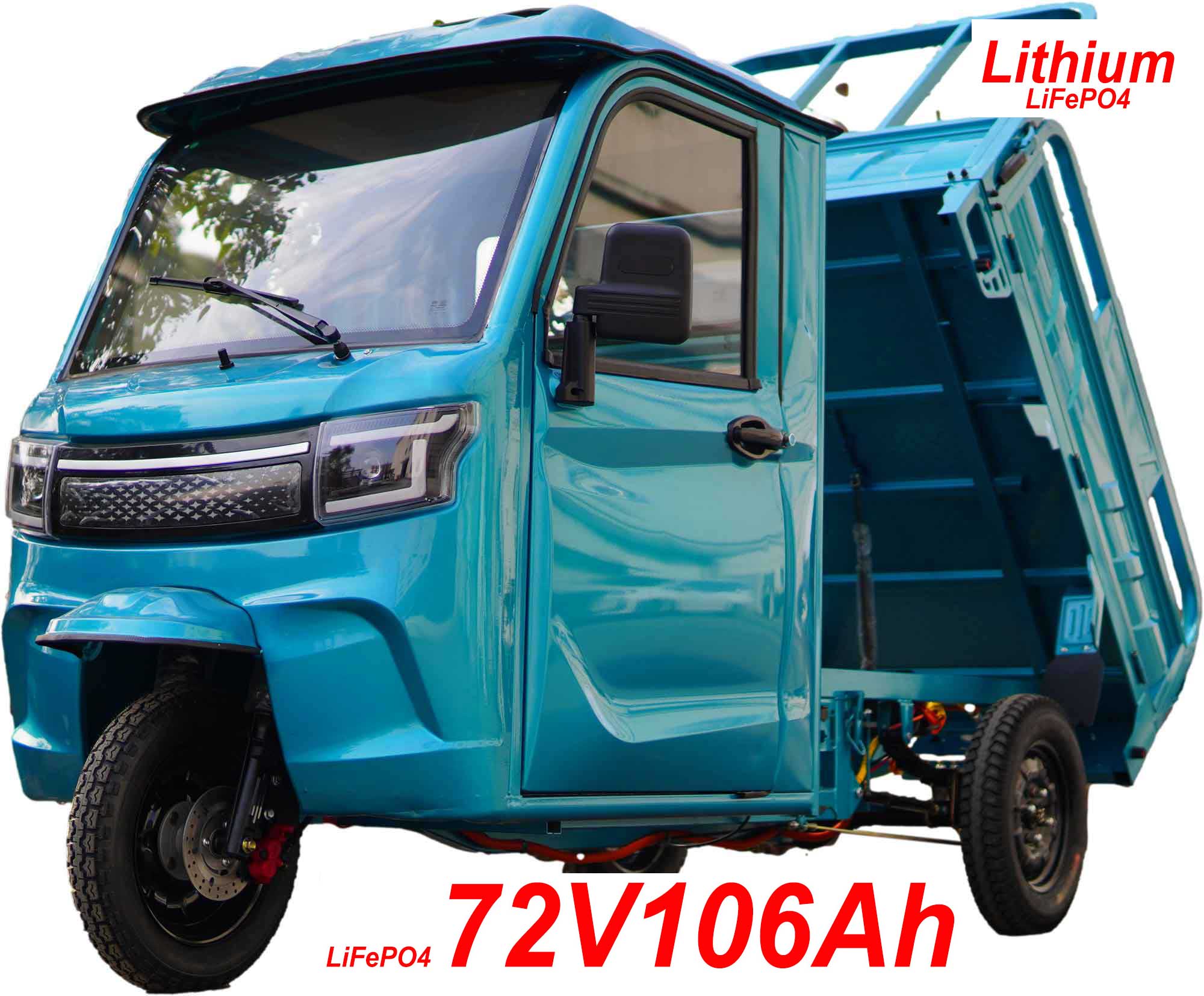 RocknBikes KH1 Türkis 45km/ Mokick Version Elektro-Dreirad mit Kabine und manueller Kippmulde mit Straßenzulassung LiFeP04 72V80AH