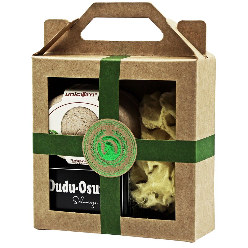 Geschenk-Set mini-Seifendose klein sahneweiß, Dudu Osun® CLASSIC 25g, Naturschwamm klein