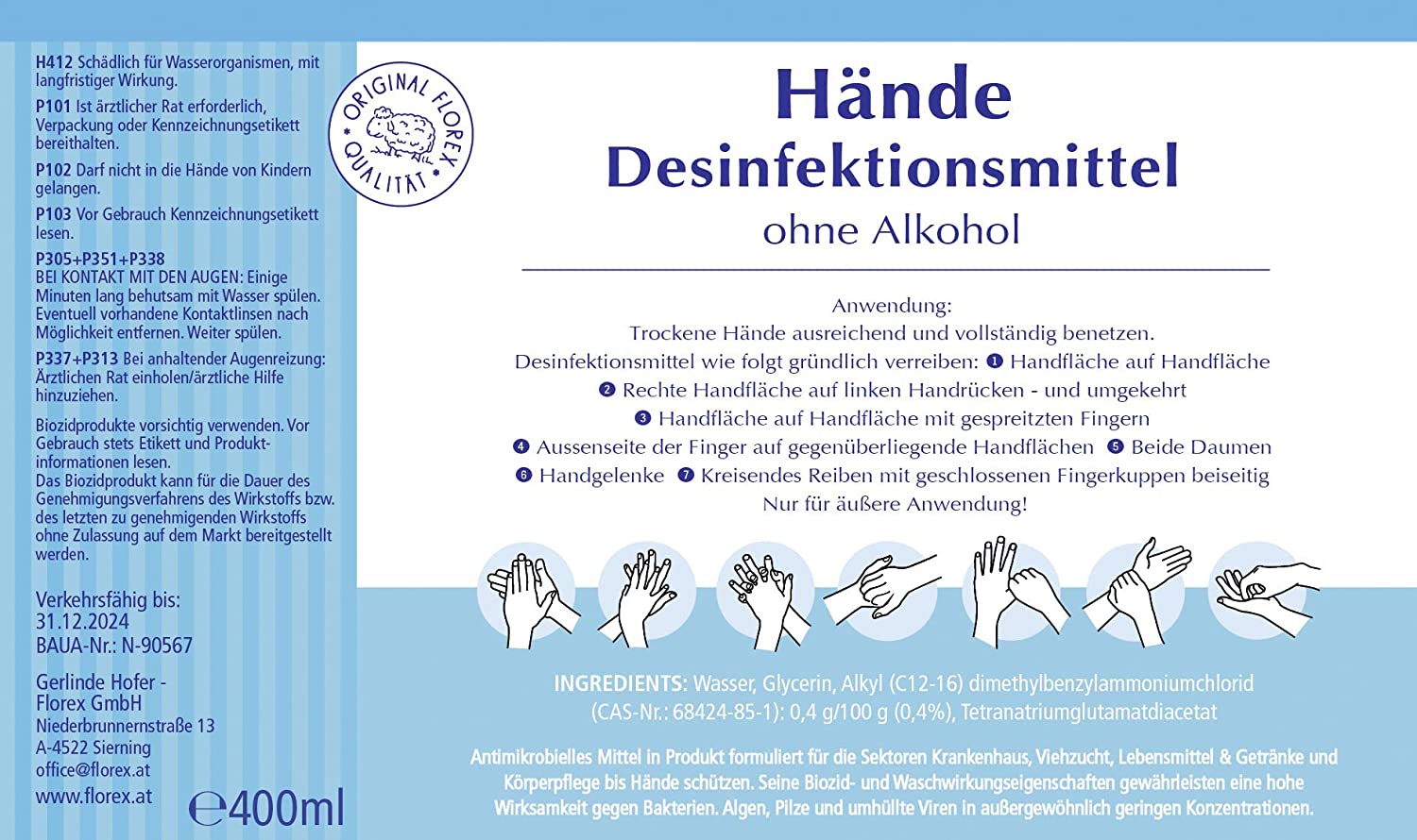 Florex Händedesinfektionsmittel, 2x400ml im Spender 9809-400-2