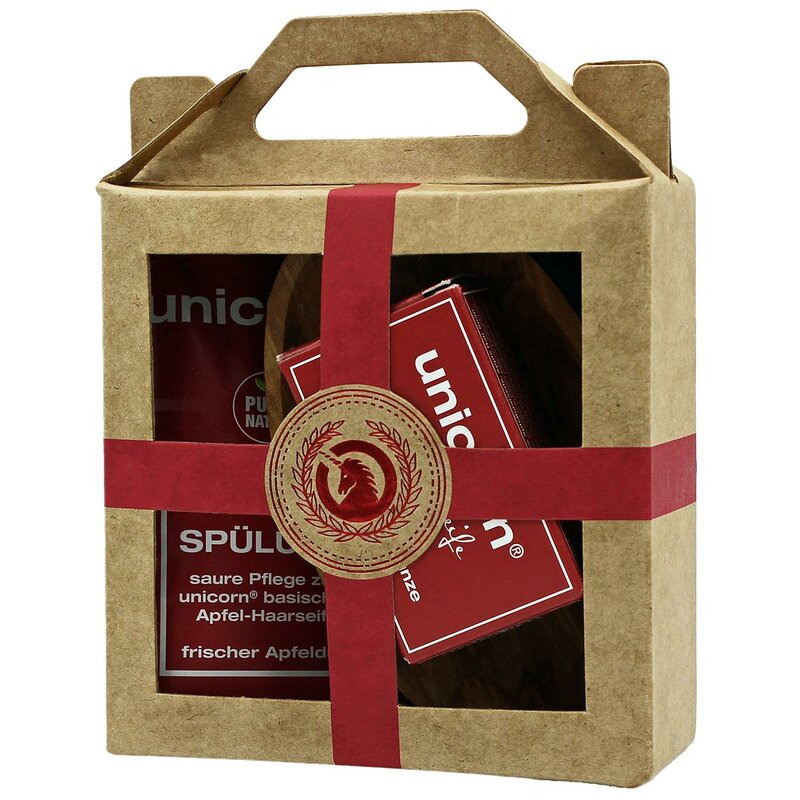 Geschenk-Set mini-Apfel Haarseife 16g, sauer Spülung 10ml, Olivenholzschale klein