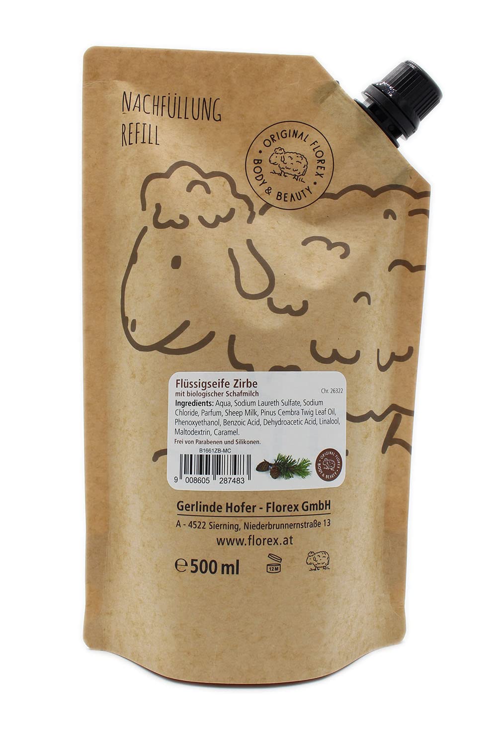 Flüssigseife mit Schafmilch Zirbe, Nachfüll-Beutel 500 ml, mit Etikett modern, von Florex B1661ZB-MC