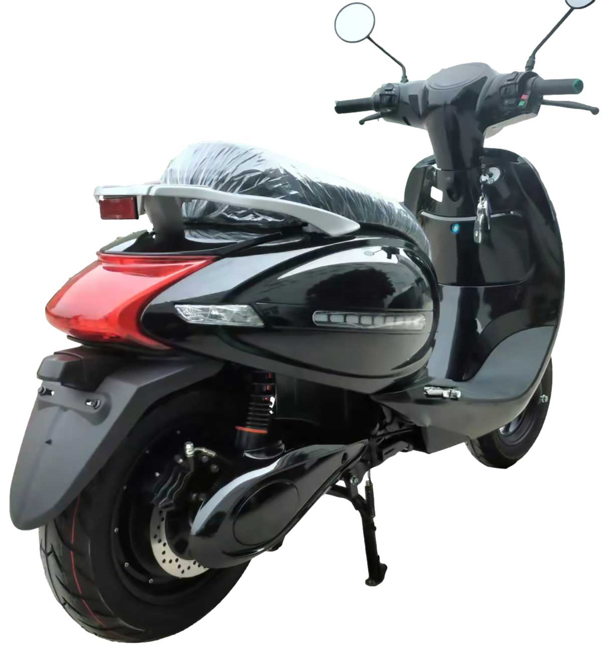 RocknBikes KN-YZ 8000W E-Roller – Seitenansicht hinten Links in elegantem Schwarz, mit Sitzbank und digitalem Display