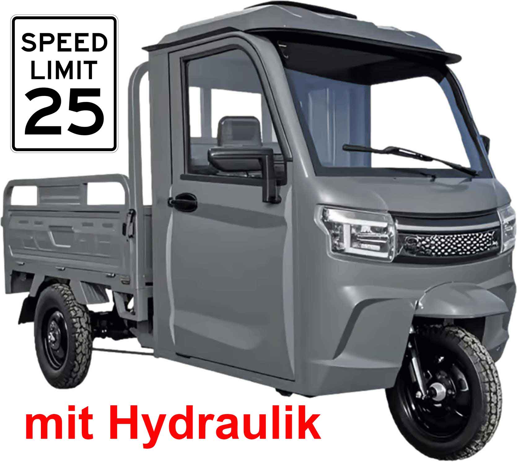 RocknBikes KH1 Grau 25km/h Version Lenkrad Elektro-Dreirad mit Kabine und Hydraulischer Kippmulde mit Straßenzulassung Akku 72V45Ah Lead Accid