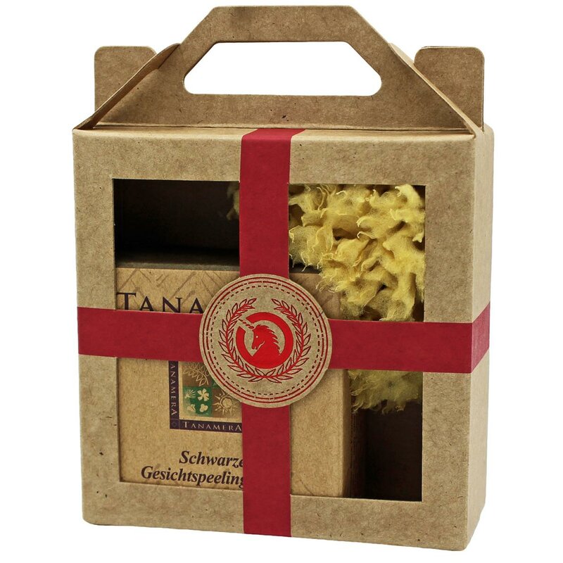 Geschenk-Set mini-Tanamera® Schwarze Gesichtspeelingseife 60g, Naturschwamm klein