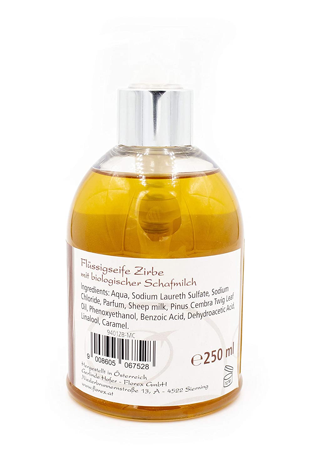 Flüssigseife mit Schafmilch und Zirbe mit Spender, 250ml, von Florex 9401ZB-M